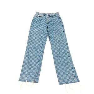 Checkerboard Wide-Leg Denim Jeans - Light Blue